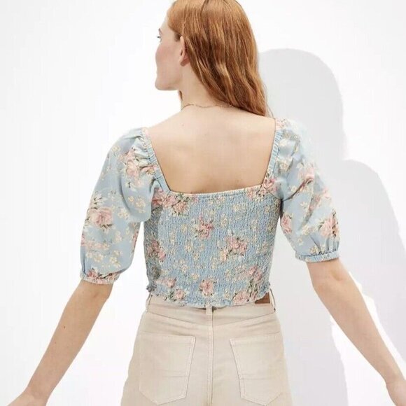 American Eagle Blue Floral Smocked Sweetheart Crop Top Short Puff Sleeves Med - Picture 7 of 11